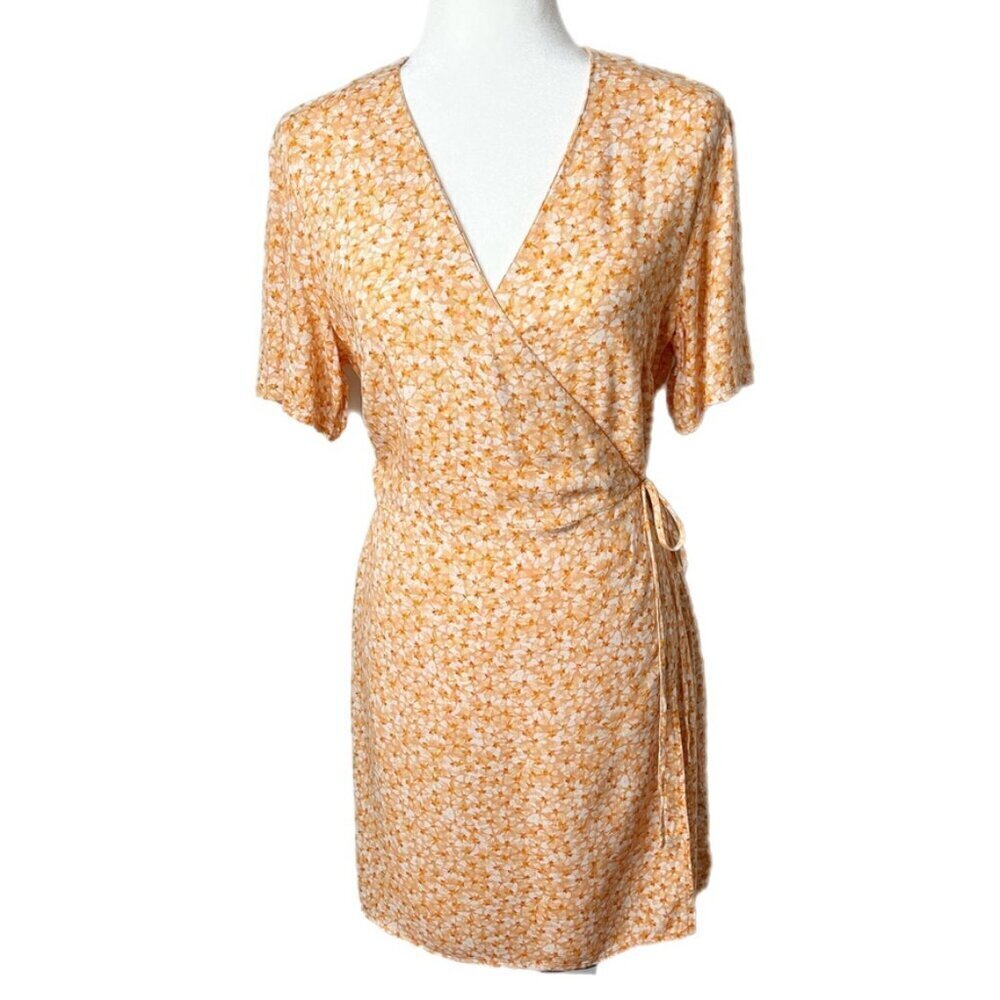 H&M Women's Wrap Dress Size S Orange Floral Print Short Sleeve V-Neck Crossover